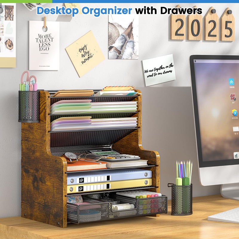 DAOUTIME 6-Tier Mesh Desk Organizer with Drawer, Wooden Office Organizer for Papers, Folders & Office Supplies - Sturdy Desktop File Holder with 2 Pen Holders - Space Saving Home Office Accessories - Image 3