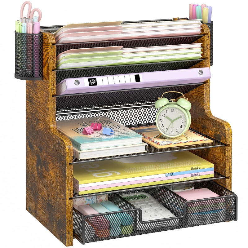 DAOUTIME 6-Tier Mesh Desk Organizer with Drawer, Wooden Office Organizer for Papers, Folders & Office Supplies - Sturdy Desktop File Holder with 2 Pen Holders - Space Saving Home Office Accessories - Image 1
