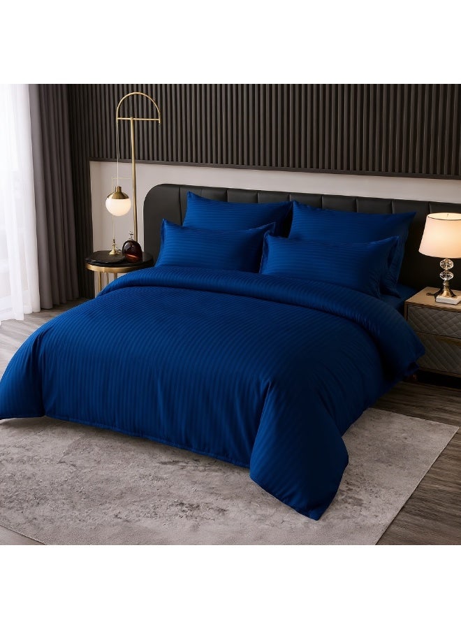 My Cotton Luxury Striped Navy Blue Duvet Cover Set 6 Pieces King Size 220×240 cm – Ultra Soft Microfiber Bedding Set with Fitted Sheet 180×200 cm & 4 Pillowcases, Breathable, Wrinkle Resistant, Hotel Quality - Image 1