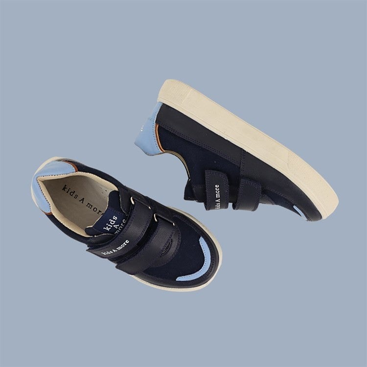 Kids A More Honor Pu Leather Linen Boy Velcro Shoes Navy Blue - Image 4