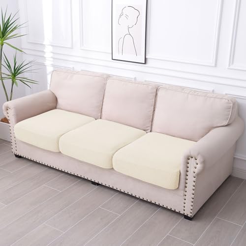 hyha Waterproof Couch Cushion Covers for Pets Non Slip Sofa Seat Cover for Dogs Washable Soft Thick Stretch Jacquard Fabric Sofa Slipcovers with Elastic Bottom 3 Pieces Light Beige - Image 3