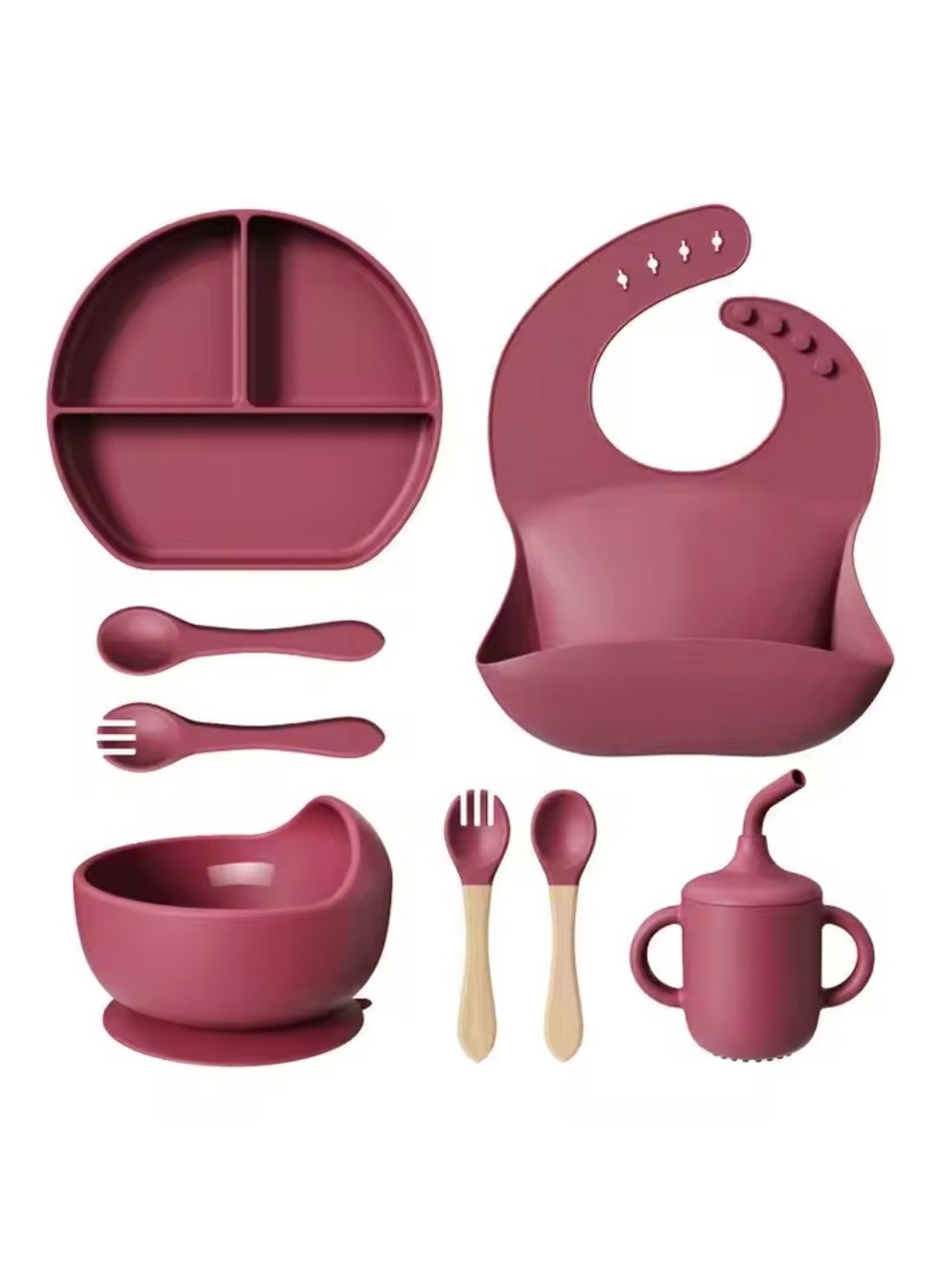 BABYTOT 8-Pieces Baby Feeding Set – Toddler Divider Suction Plate & Bowl, Adjustable Soft Silicone Bib, Cup & Cutlery (Multicolor) | Eco-Friendly and BPA-Free Tableware Set (Baby Pink)