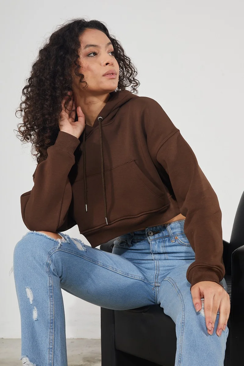 توينتي3 Women's Hooded Kangaroo Pocket 3-Thread Fleece Raised Basic Thick Crop Sweatshirt