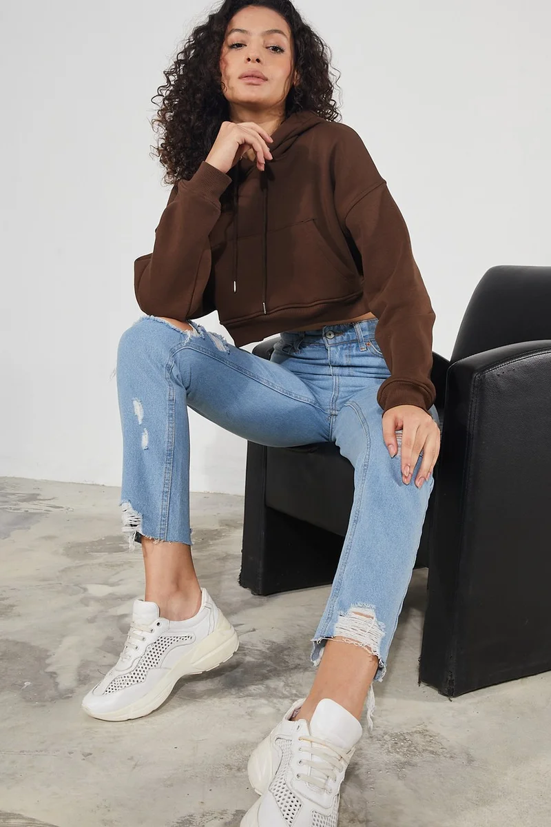 توينتي3 Women's Hooded Kangaroo Pocket 3-Thread Fleece Raised Basic Thick Crop Sweatshirt