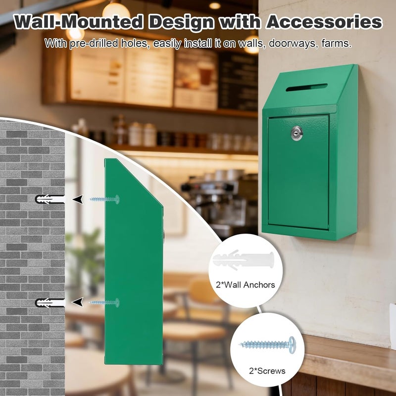 KYODOLED Money Drop Box with Lock & Slot, Metal Cash Collection & Suggestion Box for Farmstand Sales, Office or Home Wall Mount Use, 10.24x5.7x2.95 Inch, Green - Image 5