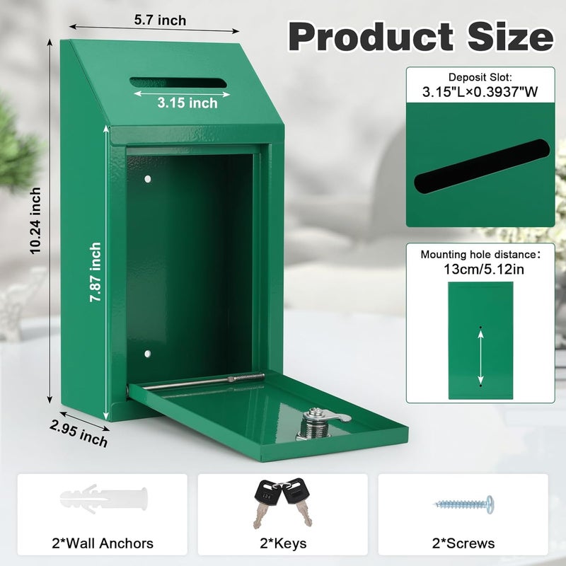 KYODOLED Money Drop Box with Lock & Slot, Metal Cash Collection & Suggestion Box for Farmstand Sales, Office or Home Wall Mount Use, 10.24x5.7x2.95 Inch, Green - Image 2