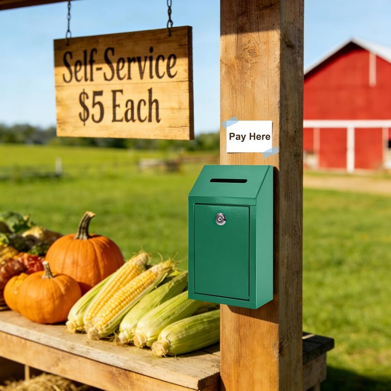 KYODOLED Money Drop Box with Lock & Slot, Metal Cash Collection & Suggestion Box for Farmstand Sales, Office or Home Wall Mount Use, 10.24x5.7x2.95 Inch, Green - Image 3