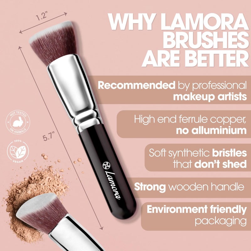 LAMORA Foundation Brush for Liquid Makeup - Kabuki Face Brush for Cream, Powder, Blush, and Concealer - Flat Top Blending, Buffing, Stippling Brush - Image 4