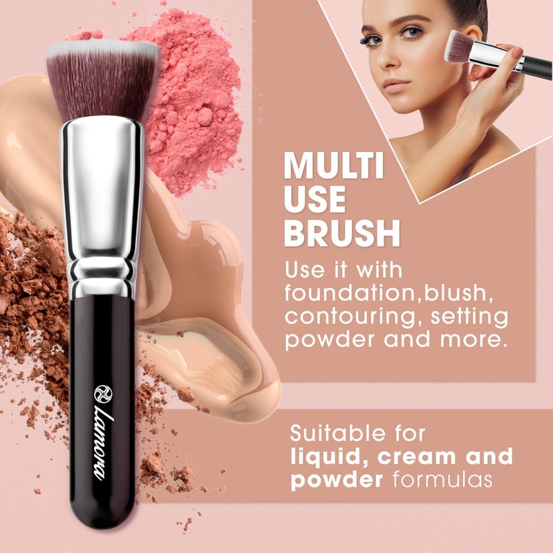 LAMORA Foundation Brush for Liquid Makeup - Kabuki Face Brush for Cream, Powder, Blush, and Concealer - Flat Top Blending, Buffing, Stippling Brush - Image 3