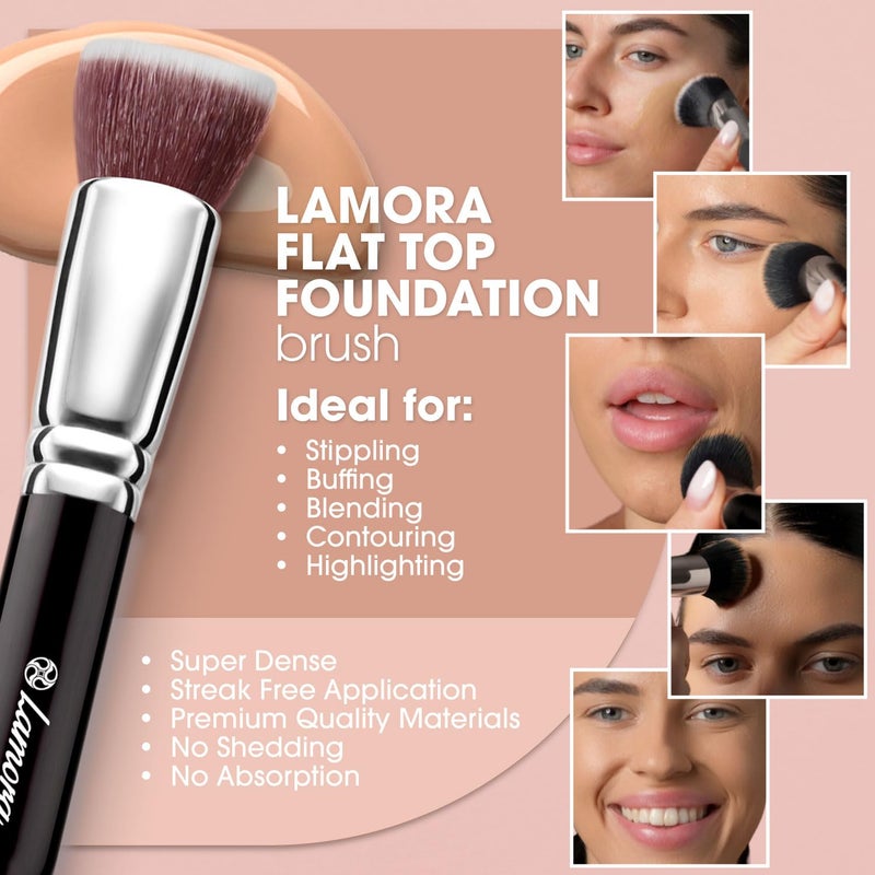 LAMORA Foundation Brush for Liquid Makeup - Kabuki Face Brush for Cream, Powder, Blush, and Concealer - Flat Top Blending, Buffing, Stippling Brush - Image 5