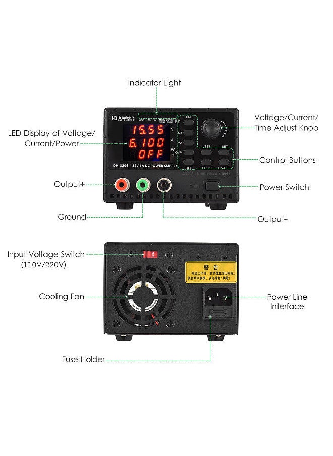 Generic - DH-3206 32V 6A DC Voltage-stabilized Source Mini Regulated Power Supply 4-Digit Digital Stabilized Voltage Supply with Memory & Timing Function OVP OCP Safety Protection - Image 1