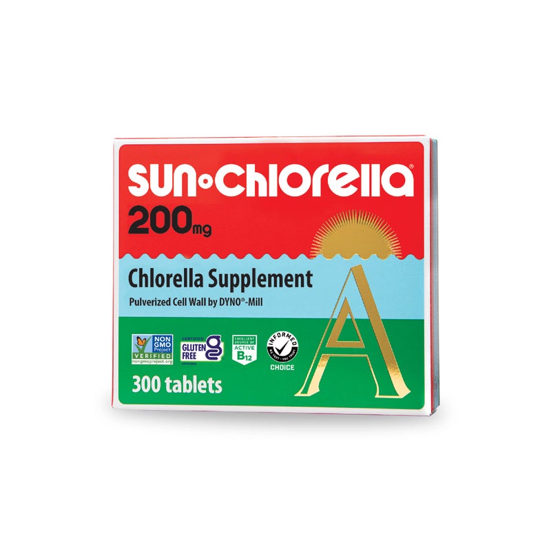 Sun Chlorella مكمل غذائي من الطحالب الخضراء صن كلوريلا 200 ملغ مسحوق جدار الخلية الكلوروفيل CGF نشط B12 حديد بروتين غير معدل وراثيًا 300 قرص