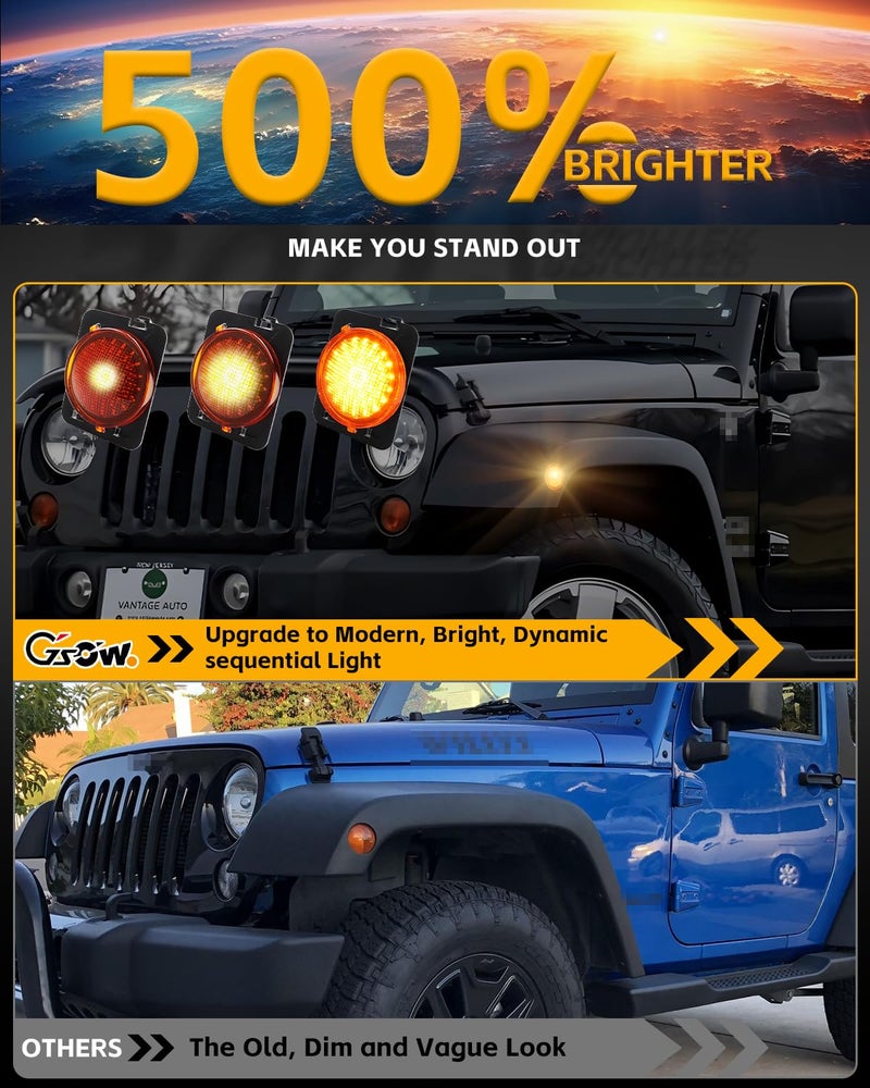 GSOWO Front Fender LED Sequential Side Marker Lights Fit for 2007-2019 J-e-e-p Wrangler JK, Amber Lens Side Bumper Marker Lamps, Amber Lighting LED Side Markers Turn Signal Lights, 2 PCS - Image 2