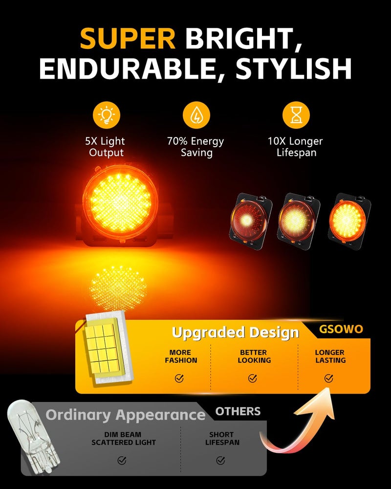 GSOWO Front Fender LED Sequential Side Marker Lights Fit for 2007-2019 J-e-e-p Wrangler JK, Amber Lens Side Bumper Marker Lamps, Amber Lighting LED Side Markers Turn Signal Lights, 2 PCS - Image 3