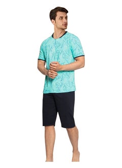Ayans Turkish Cotton T-Shirt and Shorts Pajama Set Homewear Sleepwear Cyan/Navy 