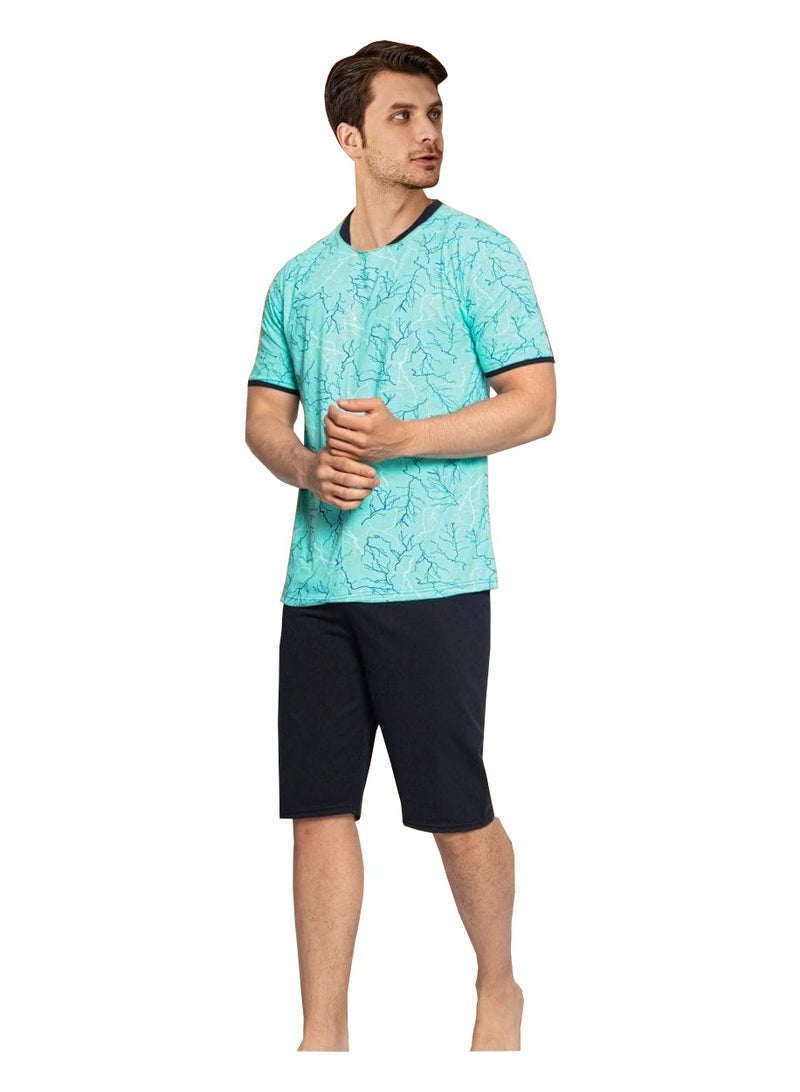 Turkish Cotton T-Shirt and Shorts Pajama Set Homewear Sleepwear Cyan/Navy
