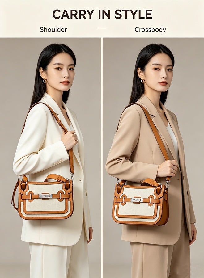 Women's Kelly Lock Canvas Shoulder Bag, Vintage Saddle Crossbody Purse, Premium Patchwork Handbag, Adjustable Strap, Elegant Fashion Tote Gift - Image 3