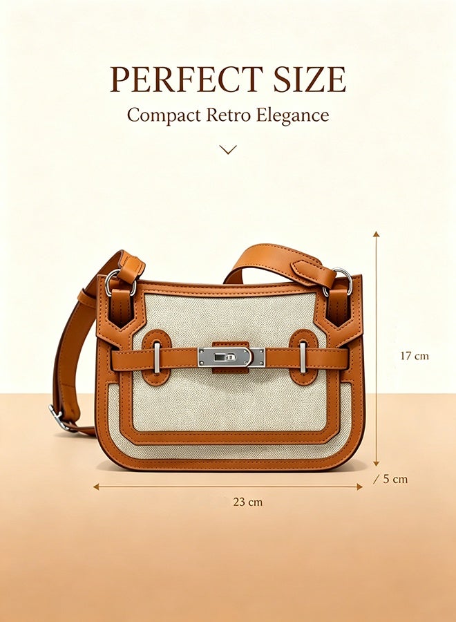 Women's Kelly Lock Canvas Shoulder Bag, Vintage Saddle Crossbody Purse, Premium Patchwork Handbag, Adjustable Strap, Elegant Fashion Tote Gift - Image 4