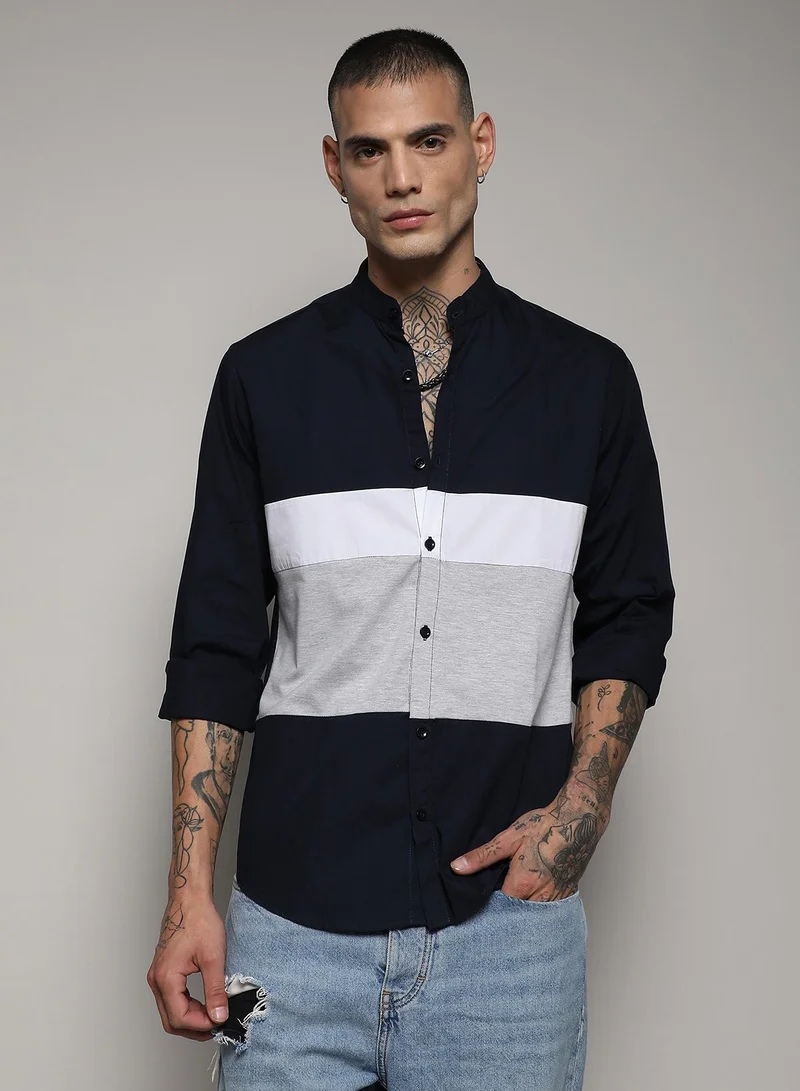 Men's Multicolour Contrast Panel Shirt For Casual Wear | Spread Collar | Long Sleeve | Button Closure | Cotton Shirt Crafted With Comfort Fit For Everyday Wear