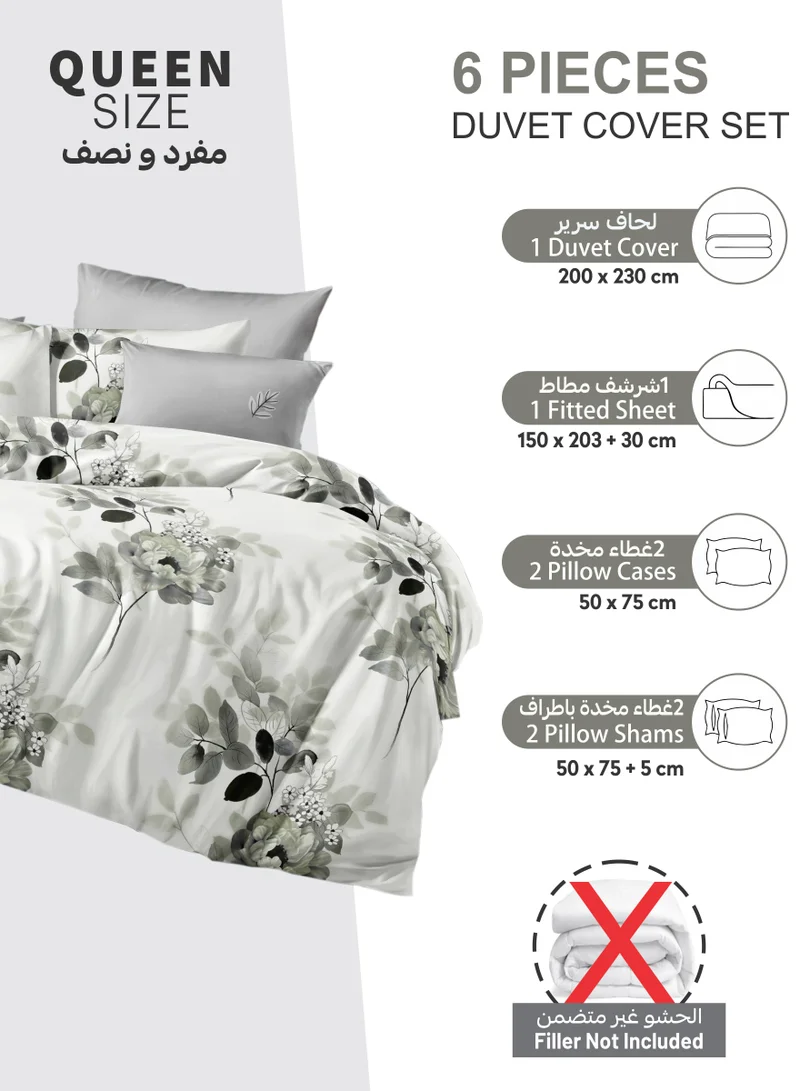 Donetella Printed Duvet Set, Queen Size Fits 150x200 cm - 6-Pcs Bed Set, Microfiber Fabric - 1 Duvet Cover, 1 Fitted Sheet, 2 Pillow Shams, 2 Pillowcases (Filler Not Included)