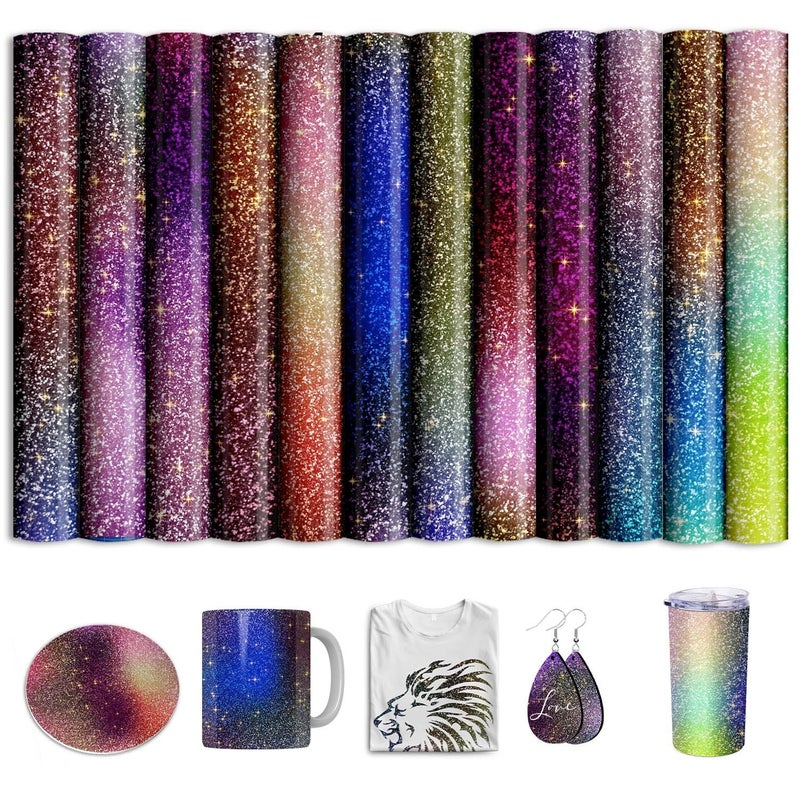 IKELI Glitter Sublimation Transfer Ink Sheets for Sublimation Blanks Mug Tumbler T-Shirt Tote Bag,Pre-Printed Sublimation Paper for Cricut Heat Press,12 Sheets 12x10inch - Image 1
