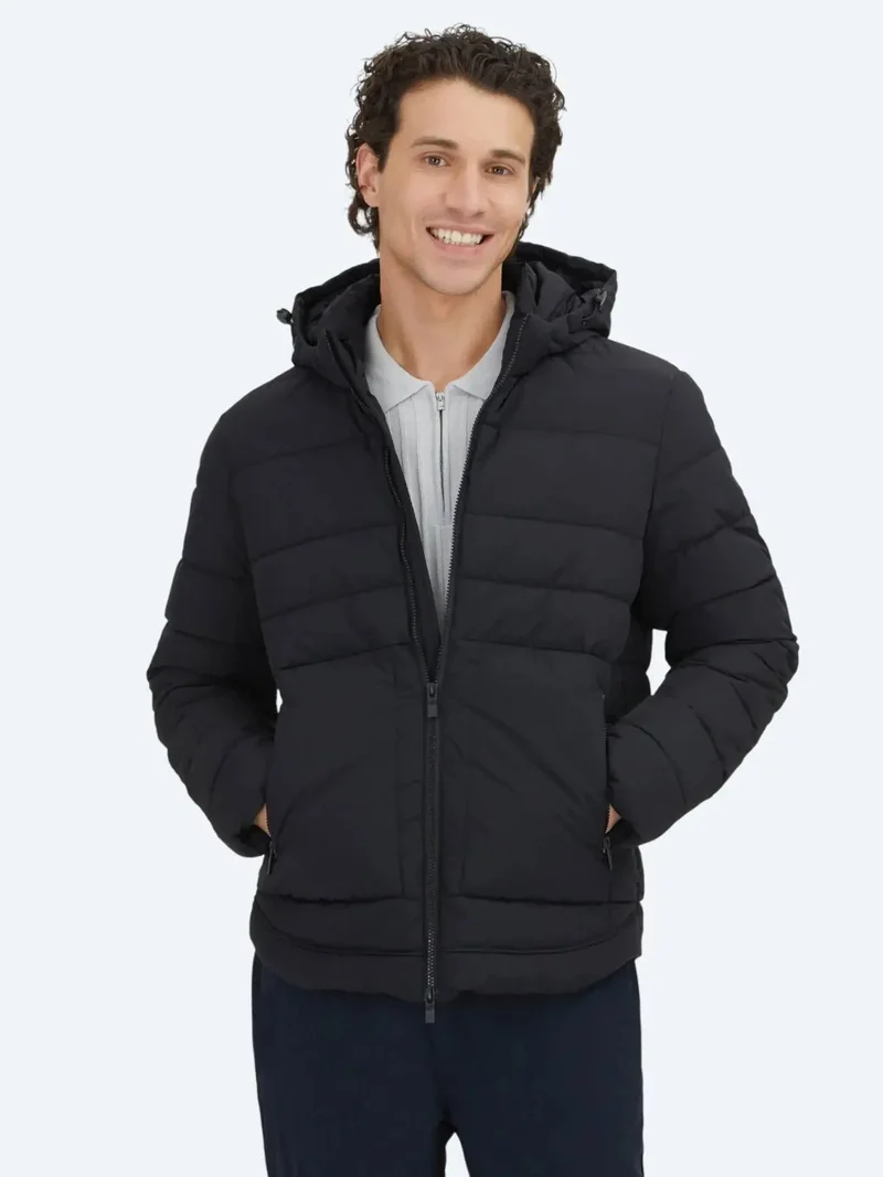 كيب معطف أسود بقصة عادية وغطاء رأس، مصنوع من نسيج منسوج غير رسمي