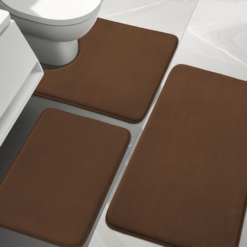 YIHOUSE Bathroom Rug Sets 3 Piece, Memory Foam Bath Mat, Non Slip Super Absorbent Soft Bathroom Mats, Machine Washable Bathroom Floor Mats Sets for Sink,Tub, Shower and Toilet,Brown - Image 1
