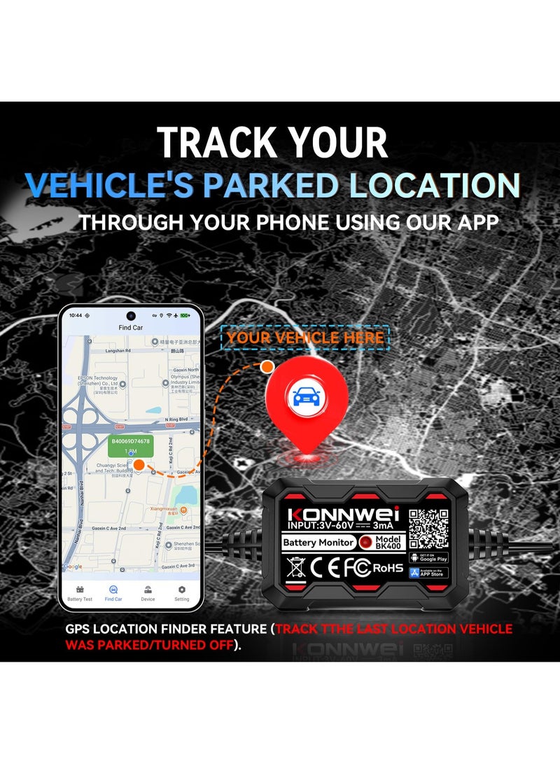 Konnwei BK400 Bluetooth Battery Monitor, 3-60V Car Battery Voltage Tester Cranking & Charging Test, Find Car, Temp Monitor, Up to 6 Batteries, Wireless App, 12V 24V 48V Car RV Marine Off-Road Lithium LiFePO4 - Image 4