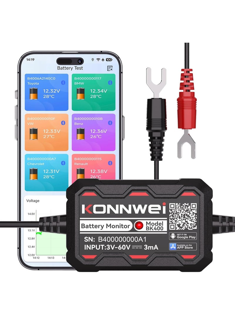 Konnwei BK400 Bluetooth Battery Monitor, 3-60V Car Battery Voltage Tester Cranking & Charging Test, Find Car, Temp Monitor, Up to 6 Batteries, Wireless App, 12V 24V 48V Car RV Marine Off-Road Lithium LiFePO4 - Image 1