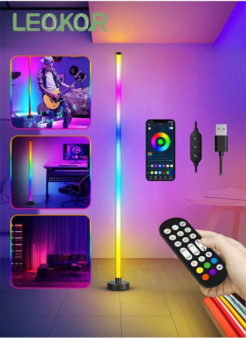 مصباح أرضي بزاوية LED، مصباح أرضي زاوية LED، إضاءة متغيرة اللون RGB قابلة للتعتيم ومزامنة الموسيقى، مصباح أرضي حديث مع تطبيق وجهاز تحكم عن بعد، مصباح أجواء لغرفة المعيشة، غرفة النوم، المنزل، ديكور الحفلات