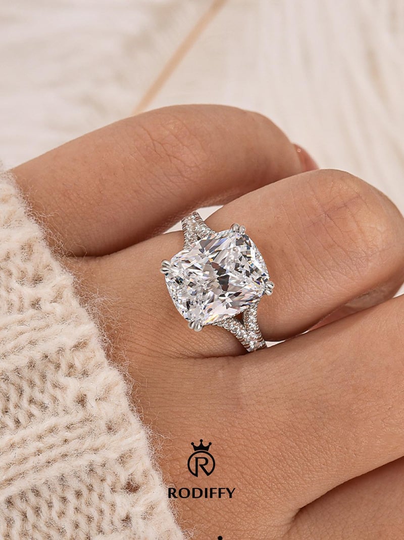 RODIFFY 4.5CT Cushion Cut Engagement Ring with Split Shank, S925 Silver AAAAA Grade CZ Promise Ring for Women (Silver, 7) - Image 4