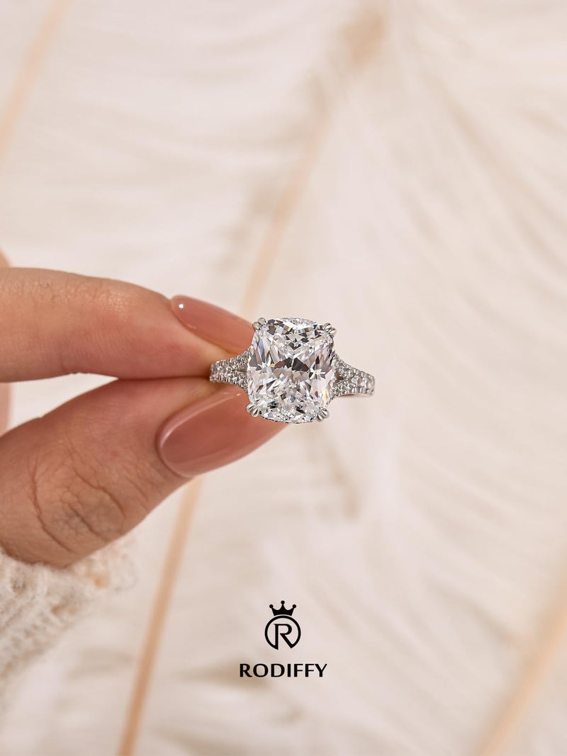 RODIFFY 4.5CT Cushion Cut Engagement Ring with Split Shank, S925 Silver AAAAA Grade CZ Promise Ring for Women (Silver, 7) - Image 3