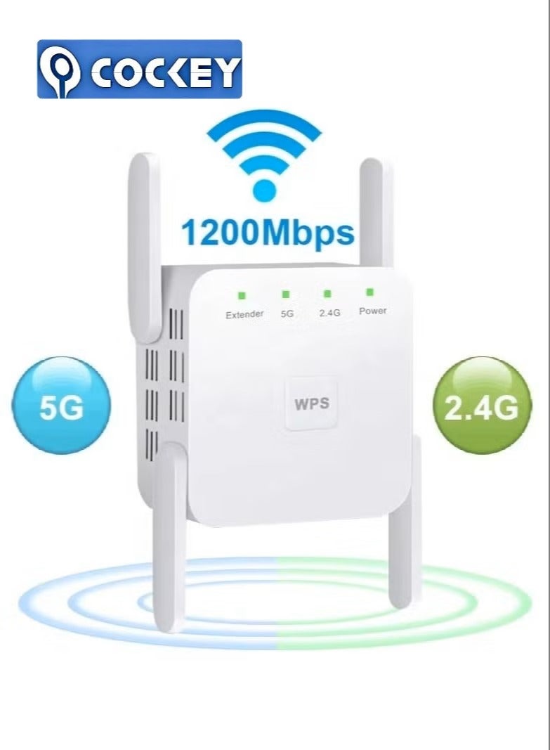 COCKEY WiFi Extender 2.4G/5G Dual Band Repeater, Speed 1200Mbps with Ethernet Port (White） - Image 1