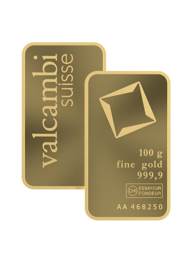 Valcambi Suisse 100g Fine Gold Bar 999.9 Purity Swiss Minted with Assay Certificate - Image 1