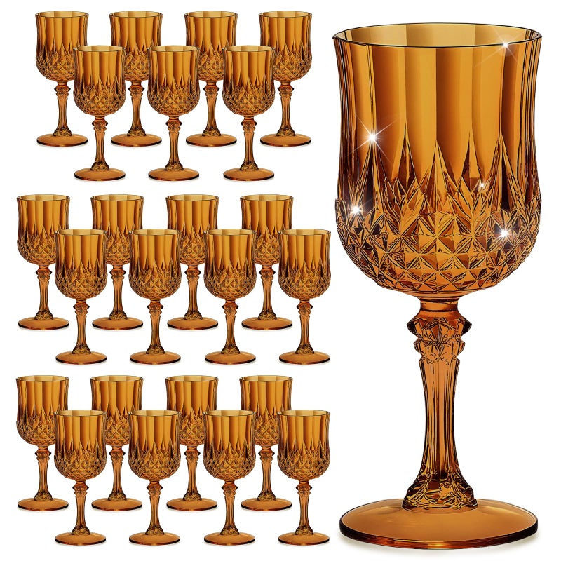 HTTBEIZI 7OZ Plastic Wine Glasses, Disposable Goblets Drinking Glasses Crystal Vintage Water Cups Unbreakable Champagne for Valentineâ€™s Day, Wedding, Parties (24, Amber) - Image 1