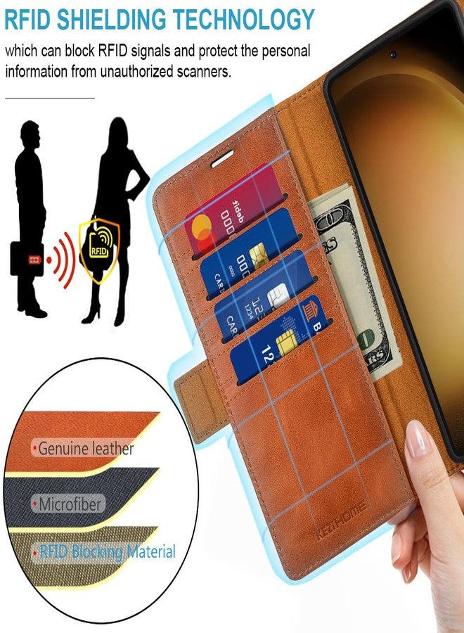 كيزي هوم جراب KEZiHOME لهاتف سامسونج جالاكسي S24 ألترا، مصنوع من الجلد الطبيعي [حجب RFID]، جراب محفظة لهاتف جالاكسي S24 ألترا، غطاء هاتف مغناطيسي قابل للطي مع فتحة للبطاقات وحامل، متوافق مع سامسونج S24 ألترا (كاكي/بني) - Image 3