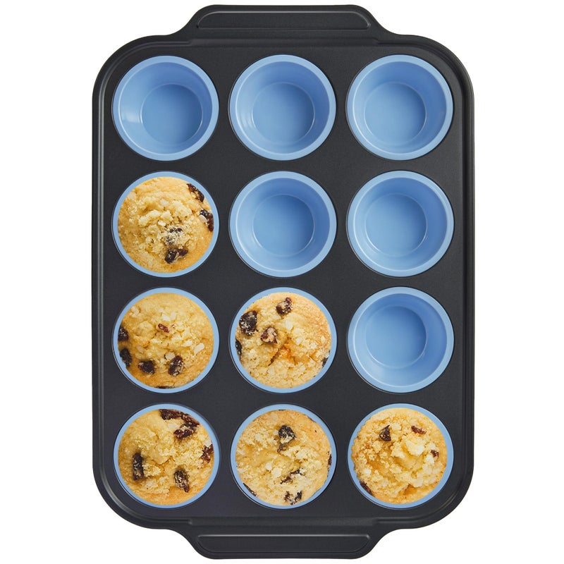 Silicone Muffin Pans for Baking with Metal Frame Egg Bite Molds Cupcake Pans 12 Regular Size Muffin Tins Easy to Pop Nonstick Non Toxic Bakeware for OvenBlue