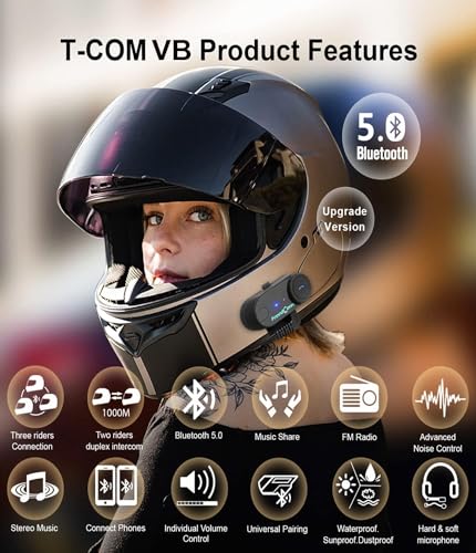 FreedConn Motorcycle Helmet Bluetooth HeadsetTCOM VB with Music Sharing 2Riders 800M Universal Intercom Communication SystemsWaterproof Motobike InterphoneFMSiriBT502 in 1 Mic for All Helmets - Image 3