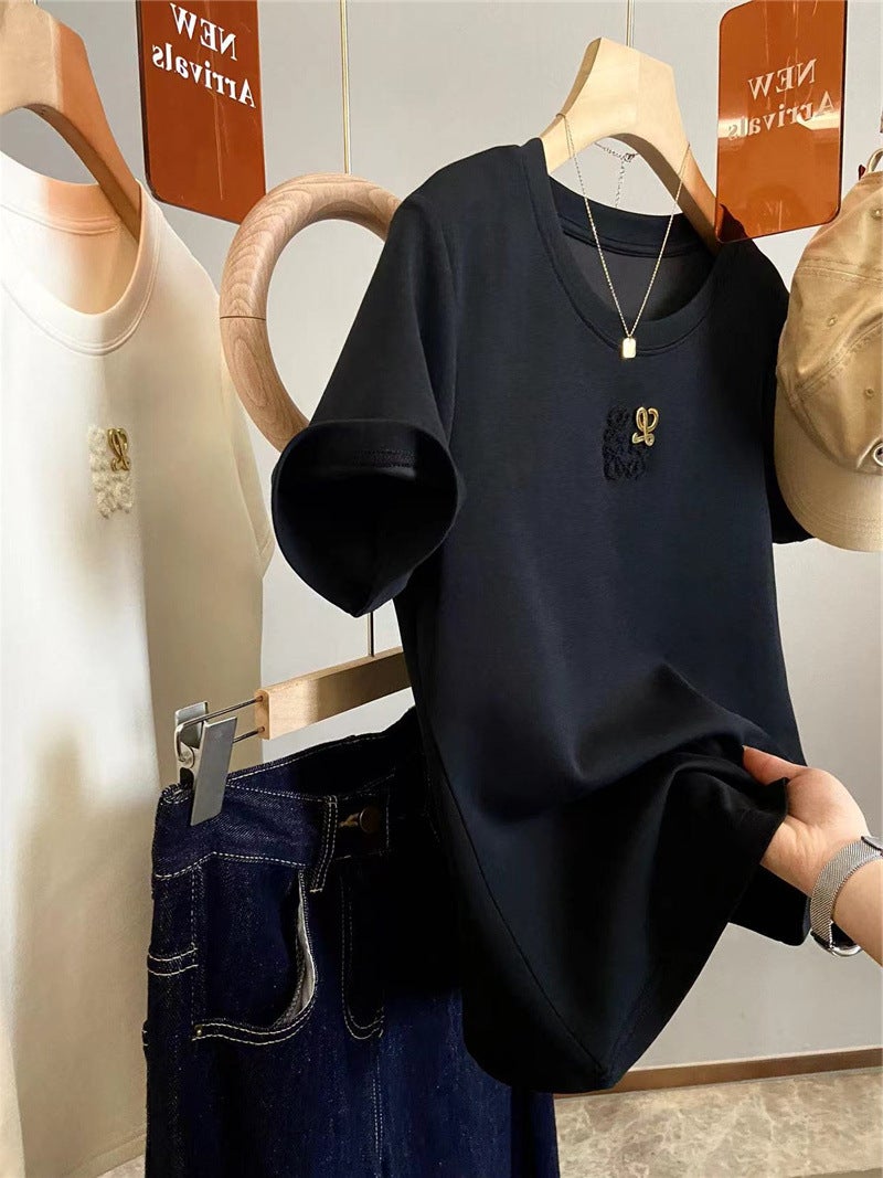 Outlets ~ Withdrawal Womens Heavy Industry Towel Embroidered Casual Crewneck Short-sleeved T-shirt Womens Summer New Loose Jacket Black [high quality]]