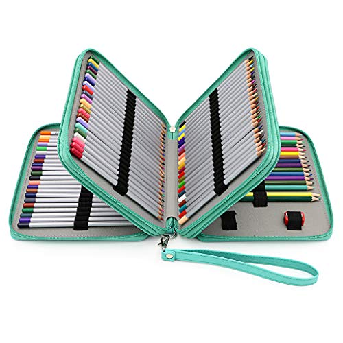 BTSKY Deluxe PU Leather Pencil Case For Colored Pencils - 120 Slot Pencil Holder with Handle Strap Handy Colored Pencil Box Large(Green) - Image 1