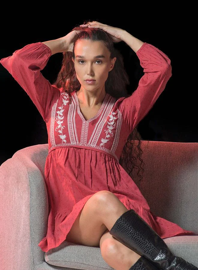 Virgio 100% Cotton Dress With Intricate Contrast Embroidery