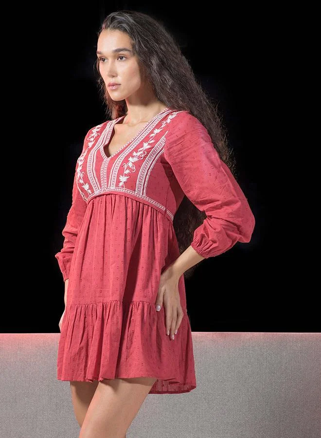 Virgio  100% Cotton Dress With Intricate Contrast Embroidery for Women | Best Price UAE