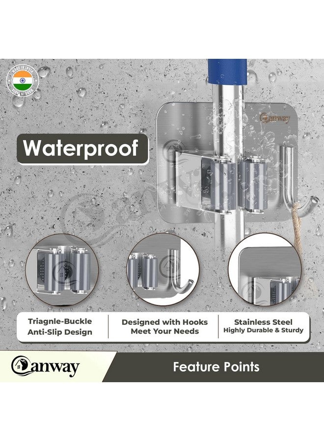 CANWAY® Wall Mounted 2 Pieces Stainless Steel 1 Rack with 1 Hook Heavy Duty Broom and Mop Stick Holder for Home, Kitchen, Garden, Laundry & Garage (Silver) - Image 4