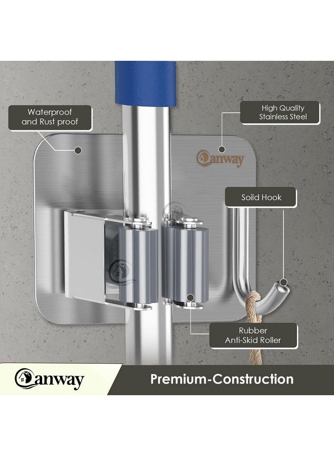 CANWAY® Wall Mounted 2 Pieces Stainless Steel 1 Rack with 1 Hook Heavy Duty Broom and Mop Stick Holder for Home, Kitchen, Garden, Laundry & Garage (Silver) - Image 3