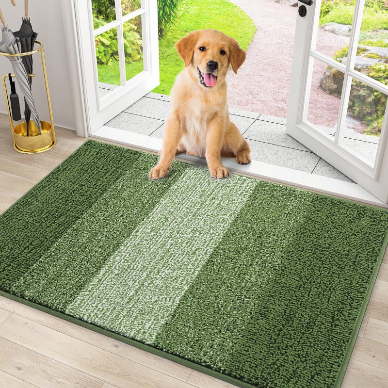 Smiry Dog Door Mat for Muddy Paws, Absorbs Moisture and Dirt, Low-Profile Entryway Mat with Non-Slip Backing, Entry Indoor Outdoor Doormat for Inside Floor (30x20 Inches, Green, Striped) - Image 1