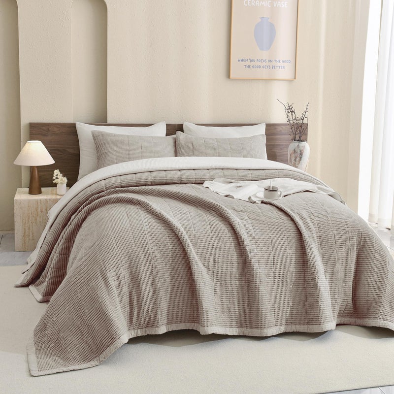 CozyTide Oversized King Bedspread 120"x120",100% Cotton Waffle Weave Quilt Set 3Pcs Dark Khaki California King Size Oversized Quilt Bedding Set Lightweight Luxury Coverlet Extra Soft - Image 1