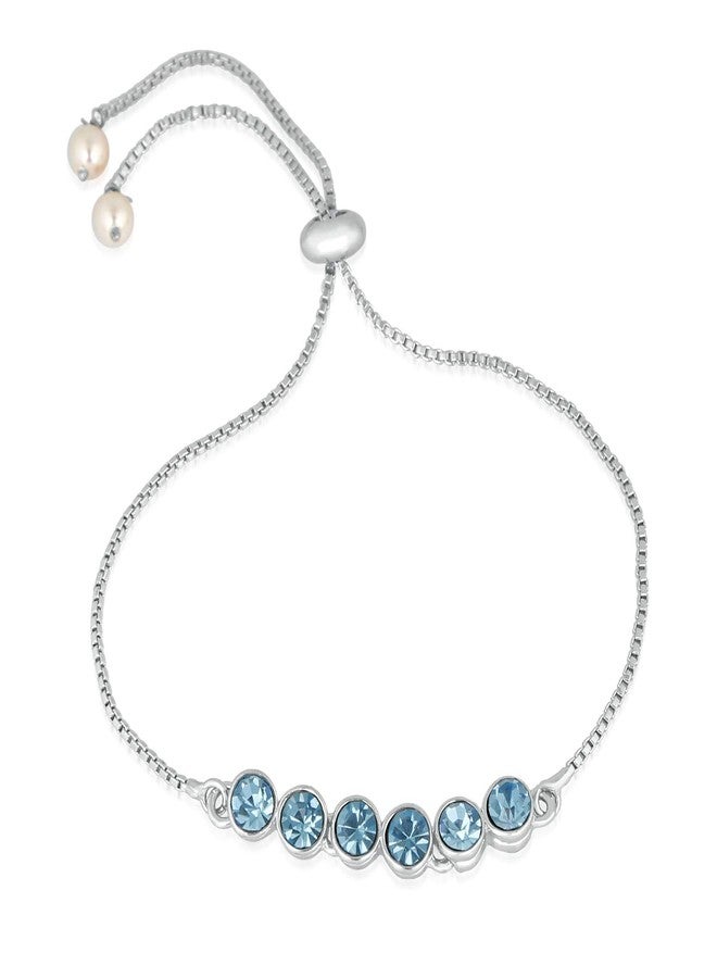Mahi Rhodium Plated Gleaming Blue Solitaire Crystal Adjustable Bracelet for Women BR1100386RBlu - Image 1