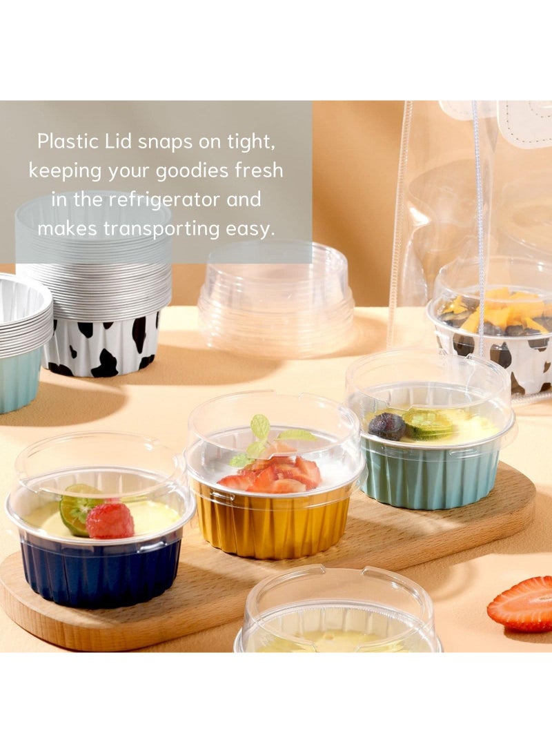 Sweet seven 100 pcs Mini Aluminum Foil Baking Cups with Lids - 5oz Round Cupcake Liners & Tart Pie Tins for Pudding, Soufflé, Parties, Weddings - Disposable Cake Containers and Flan Molds  - Image 4