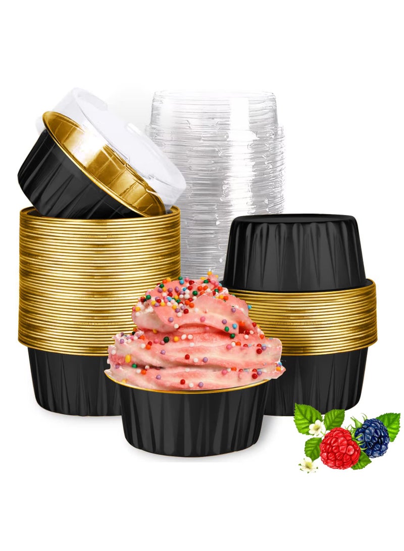 Sweet seven 100 pcs Mini Aluminum Foil Baking Cups with Lids - 5oz Round Cupcake Liners & Tart Pie Tins for Pudding, Soufflé, Parties, Weddings - Disposable Cake Containers and Flan Molds  - Image 1