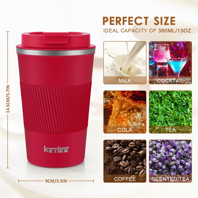 KETIEE Travel Coffee Mug 12oz: Vacuum Insulated Coffee Cup with Leakproof Lid  Coffee Tumbler  Reusable Coffee Cups  Double Wall Stainless Steel Coffee Mug to Go for Hot/Ice Coffee Tea (Red) - Image 5